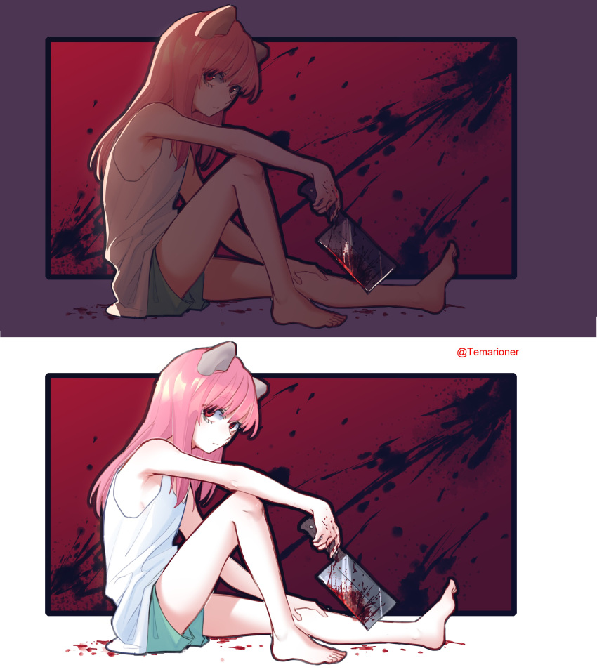 1girl absurdres bangs bare_arms bare_legs bare_shoulders barefoot blood blood_on_clothes cleaver elfen_lied eyebrows_visible_through_hair from_side green_shorts highres horns knee_up long_hair looking_at_viewer lucy_(elfen_lied) multiple_views pink_hair popopoka red_background red_eyes shirt shorts sitting weapon white_background white_shirt