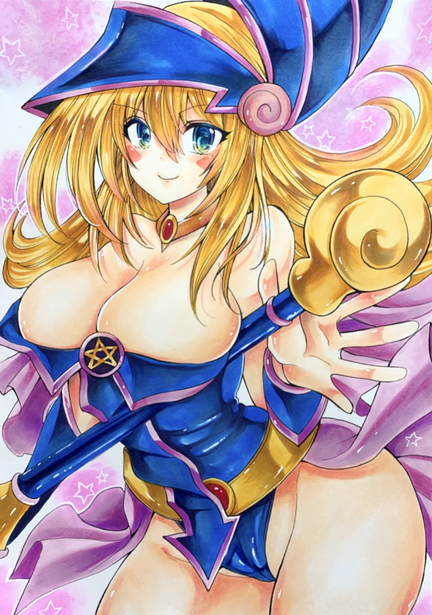 1girl bangs bare_shoulders blonde_hair blush_stickers breasts cleavage closed_mouth collar commentary_request dark_magician_girl dress duel_monster eyebrows_visible_through_hair green_eyes hat highres holding large_breasts long_hair looking_at_viewer pentagram pink_background short_dress simple_background smile solo star_(symbol) starry_background strapless strapless_dress thighs traditional_media twobee wand wizard_hat yuu-gi-ou