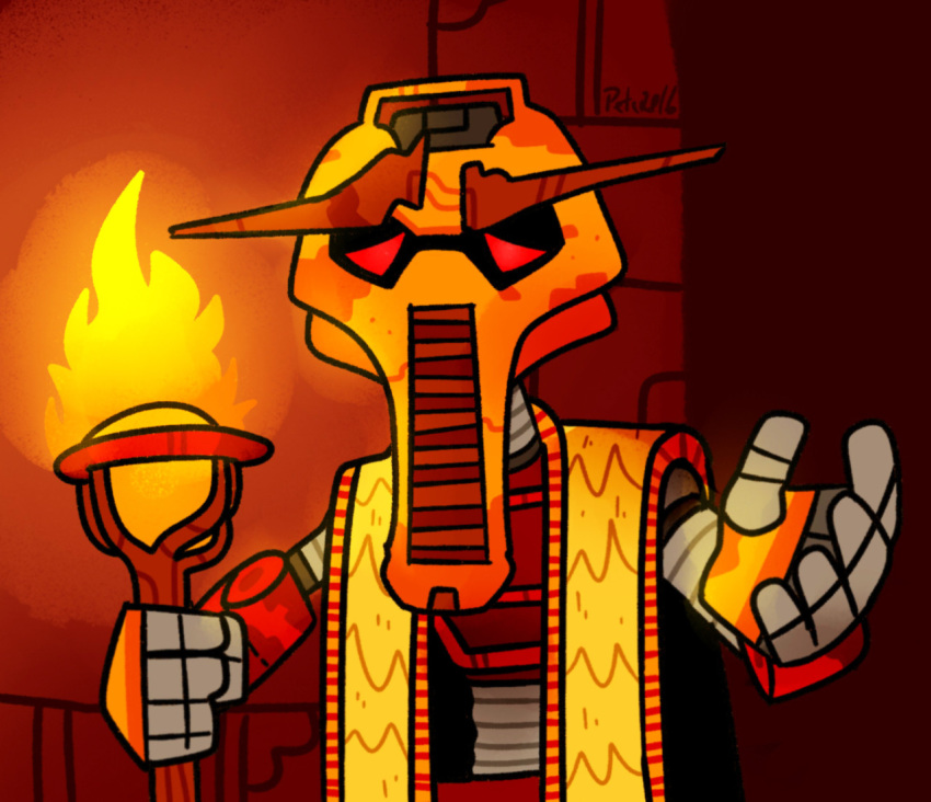 2016 5_fingers ambiguous_gender armor billspooks bionicle clothing digital_drawing_(artwork) digital_media_(artwork) eyebrows fingers fire holding_object humanoid lego looking_at_viewer machine mask mouthless not_furry orange_body red_background red_eyes robe robot simple_background solo staff standing thick_eyebrows turaga vakama