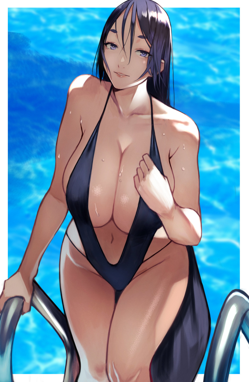 1girl absurdres bangs blue_swimsuit breasts center_opening cleavage fate/grand_order fate_(series) hair_between_eyes highres large_breasts long_hair looking_at_viewer minamoto_no_raikou_(fate/grand_order) navel one-piece_swimsuit parted_bangs parted_lips pool poolside purple_eyes purple_hair smile swimsuit thighs very_long_hair water wet yoshio_(55level)