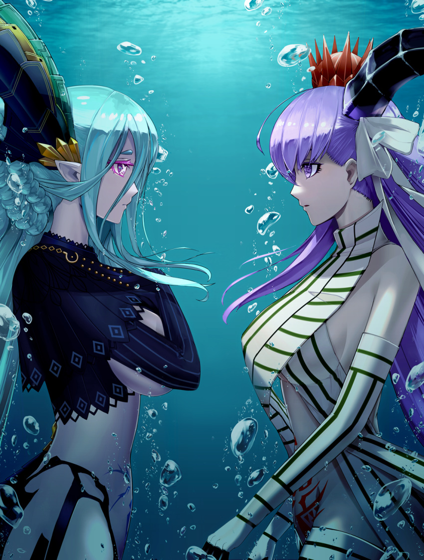 +_+ air_bubble aqua_background aqua_hair bangs black_capelet black_gloves black_horns bow braid breasts bubble c-potato capelet commentary_request covering covering_breasts cowboy_shot crown curled_horns elbow_gloves eye_contact face-to-face faceoff fate/grand_order fate_(series) french_braid from_side gloves hair_between_eyes hair_bow hair_ribbon hands_on_own_breasts highres horizontal_stripes horns kingprotea large_breasts long_bangs long_hair looking_at_another pink_eyes pointy_ears profile pubic_tattoo purple_eyes purple_hair revealing_clothes ribbon sideboob sidelocks stomach_tattoo striped striped_gloves symbol-shaped_pupils tattoo tiamat_(fate/grand_order) underboob underwater vertical_stripes very_long_hair white_bow white_gloves white_ribbon x_x