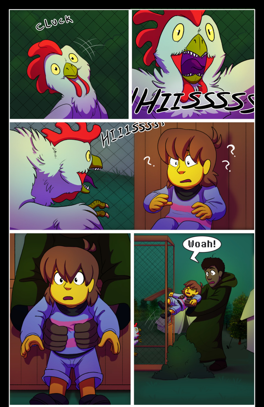 absolutedream avian clothing cockatrice comic dialogue european_mythology fan_character female forest green_clothing hair hi_res holding_person human male mammal mythological_avian mythology pattern_clothing protagonist_(undertale) robe scalie striped_clothing stripes text tree undertale video_games