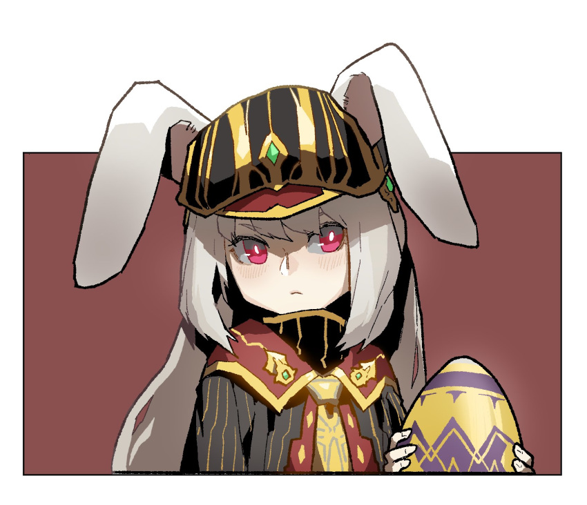 1girl animal_ears blush border bright_pupils bunny_ears closed_mouth dress easter_egg egg gogalking hat highres leah_(sdorica) looking_at_viewer pink_eyes red_background red_eyes sdorica simple_background solo white_border white_pupils