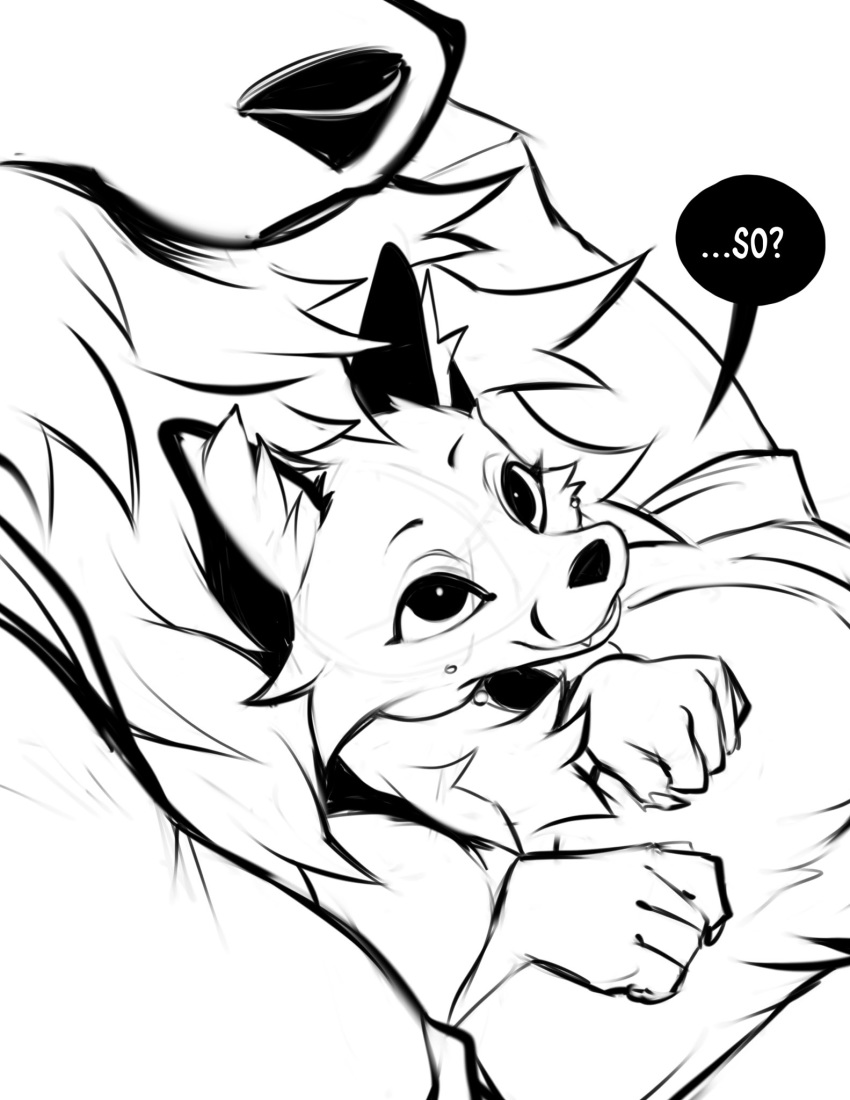 ... 2020 ? anthro canid canine canis clothed clothing comic dialogue duo english_text falvie fox fur hi_res inner_ear_fluff male mammal monochrome smile speech_bubble text tuft wolf