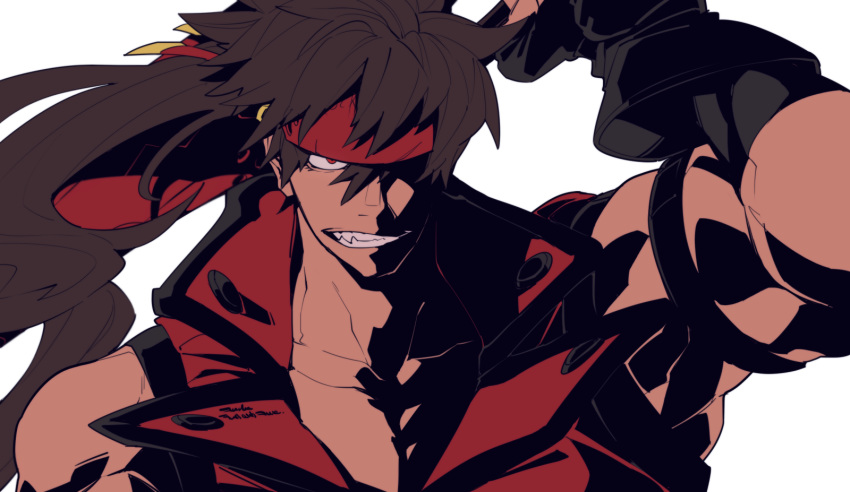 1boy armband bangs black_gloves brown_hair clenched_teeth face gloves guilty_gear headband highres jacket long_hair looking_at_viewer male_focus muscle ponytail red_eyes red_jacket sandato sanpaku sleeveless sleeveless_jacket sol_badguy solo teeth upper_body white_background