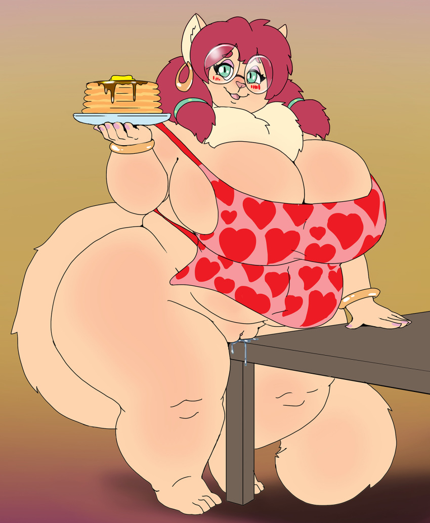 anthro bracelet breasts cindy_(nekocrispy) domestic_cat ear_piercing ear_ring eyewear felid feline felis female food furniture genitals glasses hi_res jewelry mammal morbidly_obese morbidly_obese_anthro morbidly_obese_female obese obese_anthro obese_female overweight overweight_anthro overweight_female pancake piercing pussy solo table vdisco