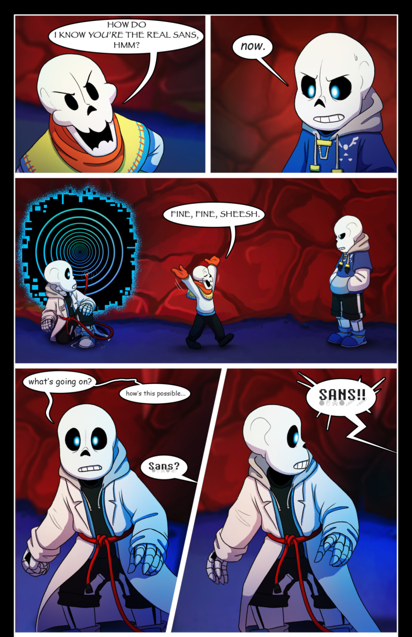 absolutedream animated_skeleton bodily_fluids bone clothed clothing dialogue doppleganger english_text hi_res humanoid kneeling male papyrus_(undertale) portal portrait power_cord sans_(undertale) skeleton sweat sweatdrop teeth text undead undertale video_games