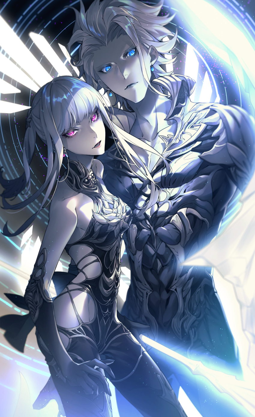 1boy 1girl bangs bare_shoulders black_bodysuit black_clothes black_gloves black_legwear blue_eyes bodysuit boots breasts collarbone earrings elbow_gloves final_fantasy final_fantasy_xiv gloves glowing glowing_eyes high_heel_boots high_heels highres jewelry long_hair looking_at_viewer medium_breasts omega-f omega-m omega_(final_fantasy) pale_skin pink_eyes ponytail short_hair spiked_hair westxost_(68monkey) white_hair