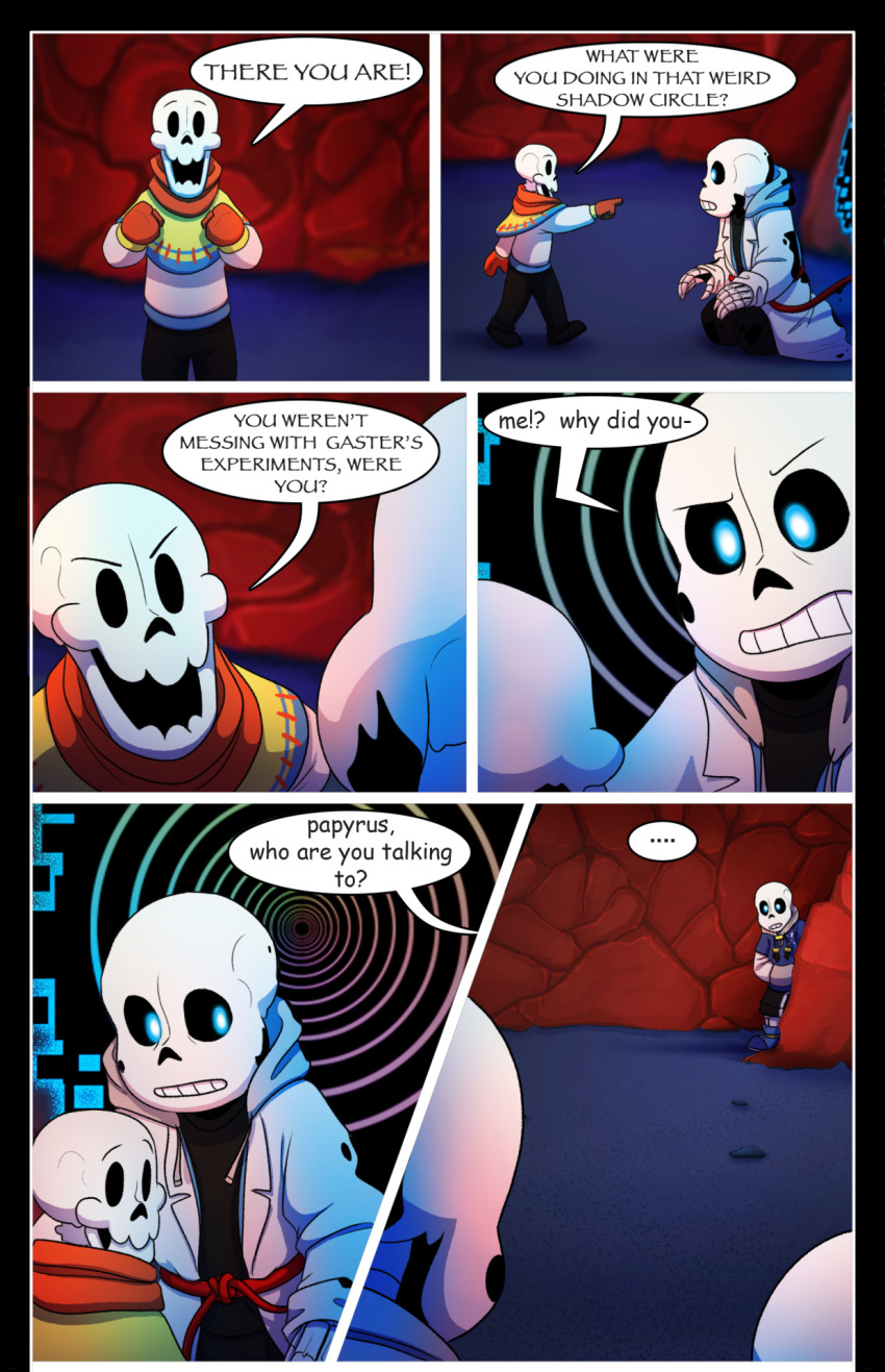 absolutedream animated_skeleton bone clenched_teeth clothed clothing dialogue doppleganger english_text gesture hi_res humanoid kneeling male papyrus_(undertale) pointing portal portrait power_cord sans_(undertale) skeleton teeth text undead undertale video_games