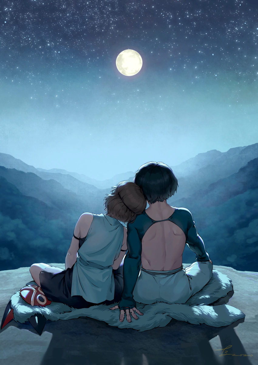 1boy 1girl absurdres arm_support ashitaka black_hair brown_hair couple full_moon head_on_another's_shoulder head_on_shoulder headdress highres indian_style leaning_on_person midorimura_naoki mononoke_hime moon mountainous_horizon san shadow short_hair signature sitting sky star_(sky) stargazing starry_sky