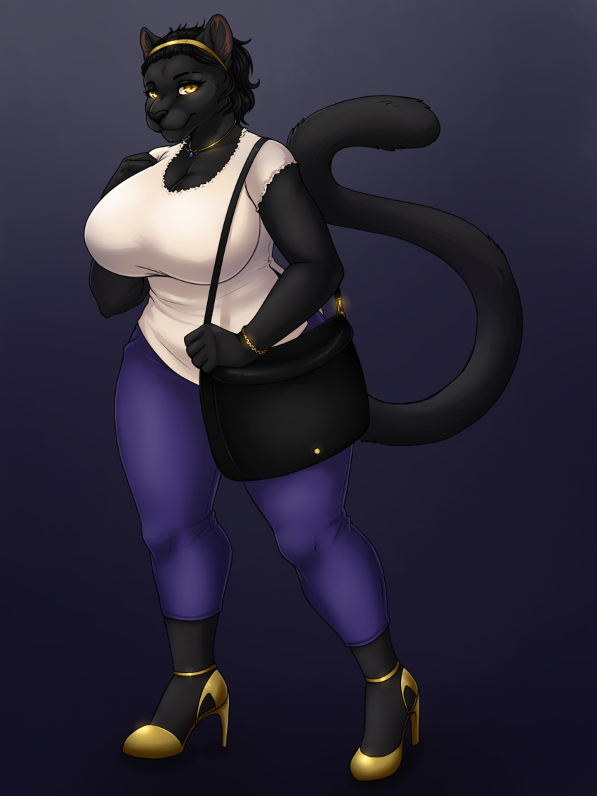 2020 3:4 ajna anthro black_body black_fur black_hair black_nose breasts clothed clothing digital_media_(artwork) domestic_cat eyebrows eyelashes felid feline felis female fur hair hi_res mammal smile solo standing yellow_eyes