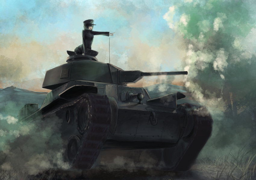 1girl akitsu_maru_(kantai_collection) black_eyes black_hair breasts caterpillar_tracks cloud commentary_request day dust dust_cloud evening gloves grass ground_vehicle hat highres kantai_collection military military_hat military_uniform military_vehicle motor_vehicle nito_(nshtntr) short_hair skirt sky solo tank tree type_97_chi-ha uniform white_gloves