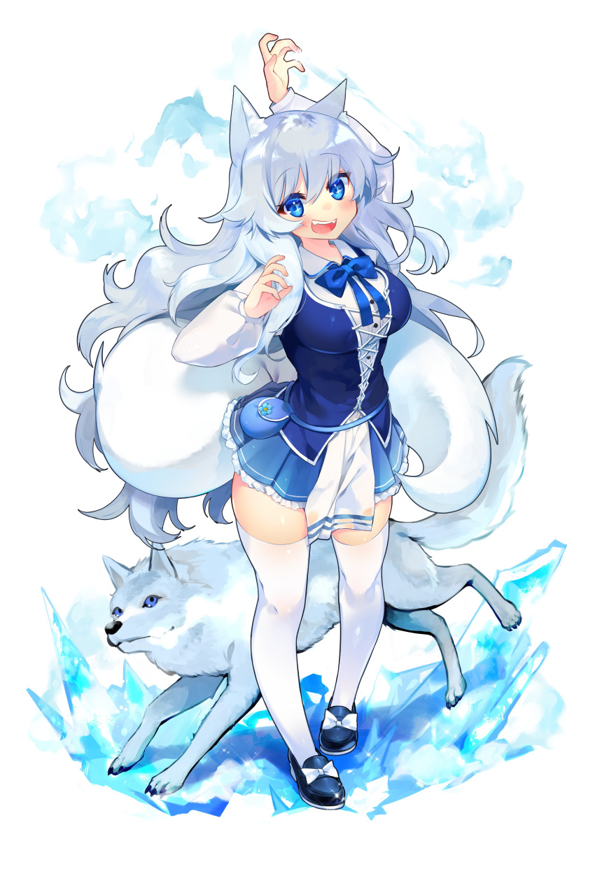 1girl :d absurdres animal animal_ear_fluff animal_ears blue_eyes blue_footwear blush bow bowtie breasts collared_shirt english_commentary eyebrows_visible_through_hair fangs full_body hair_between_eyes highres ice indie_virtual_youtuber kurimochi_chizuru large_breasts long_hair long_sleeves looking_at_viewer lumi_(merryweather) open_mouth second-party_source shirt silver_hair simple_background smile star-shaped_pupils star_(symbol) symbol-shaped_pupils tail thighhighs very_long_hair virtual_youtuber white_background white_legwear white_shirt wolf wolf_ears wolf_girl wolf_tail