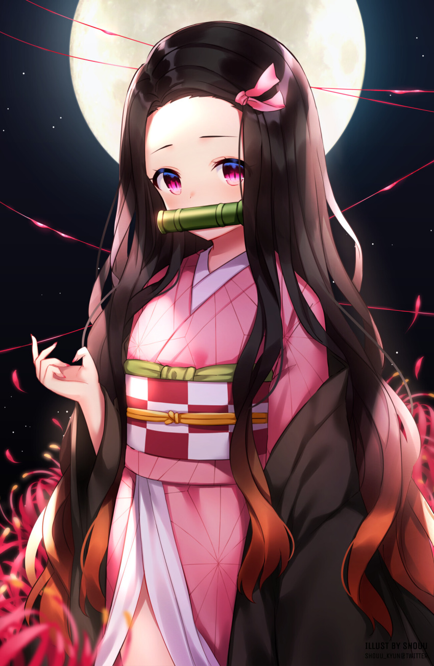 1girl bit_gag black_hair black_haori blush breasts brown_hair checkered_obi forehead full_moon gag gradient_hair haori highres japanese_clothes kamado_nezuko kimetsu_no_yaiba kimono long_hair long_sleeves looking_at_viewer moon multicolored_hair night night_sky pink_eyes pink_kimono pink_ribbon ribbon shouu-kun sky slit_pupils small_breasts wide_sleeves