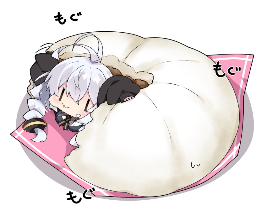 1girl :t antenna_hair bangs baozi black_jacket blush braid breasts chibi closed_mouth collared_shirt commentary_request eating food food_on_face hair_between_eyes hair_ornament in_food jacket kizuna_akari large_breasts long_hair long_sleeves milkpanda minigirl puffy_long_sleeves puffy_sleeves shadow shirt silver_hair sleeves_past_wrists solo translation_request twin_braids twintails voiceroid wavy_mouth white_background white_shirt |_|