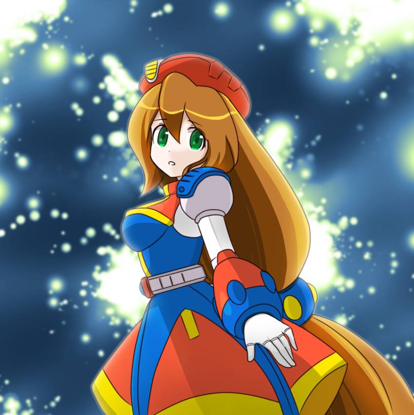 1girl 398sky android beret breasts brown_hair green_eyes hair_between_eyes hat highres iris_(rockman_x) large_breasts long_hair looking_at_viewer looking_to_the_side low-tied_long_hair rockman rockman_x smile solo