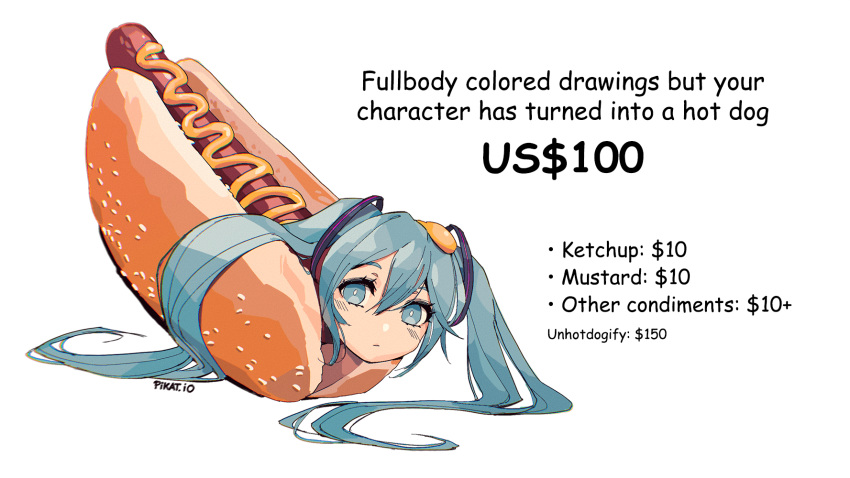 1girl aqua_eyes aqua_hair commentary disembodied_head dollar_sign english_commentary english_text hatsune_miku highres hot_dog hot_dog_bun long_hair mustard pikat promotional_art sesame_seeds signature solo twintails very_long_hair vocaloid what