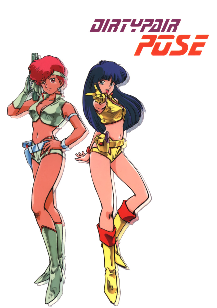 1980s_(style) arm_strap blue_eyes blue_hair boots breasts cleavage copyright_name dirty_pair earrings full_body gun hand_up handgun headband highres holding holding_gun holding_weapon holster jewelry kei_(dirty_pair) long_hair looking_at_viewer medium_breasts navel oldschool open_mouth outstretched_arm pointing red_eyes red_hair short_hair simple_background weapon white_background wristband