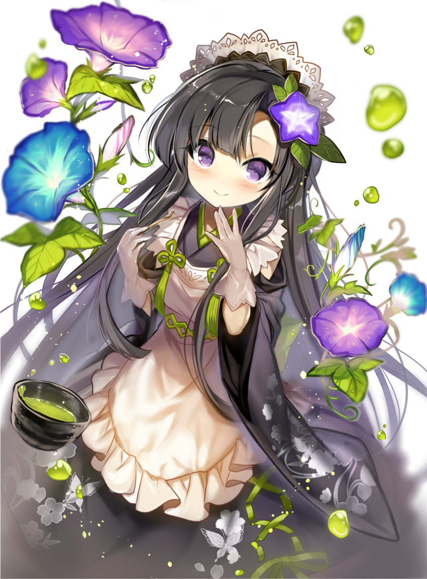 1girl apron bangs black_hair black_kimono blue_flower blush character_request closed_mouth commentary_request commission cup eyebrows_visible_through_hair flower frilled_apron frills fuupu gloves green_tea grey_gloves hair_flower hair_ornament hands_up highres japanese_clothes kimono long_hair long_sleeves morning_glory purple_eyes purple_flower sengoku_bushouki_muramasa simple_background skeb_commission smile solo tea very_long_hair wa_maid white_apron white_background wide_sleeves
