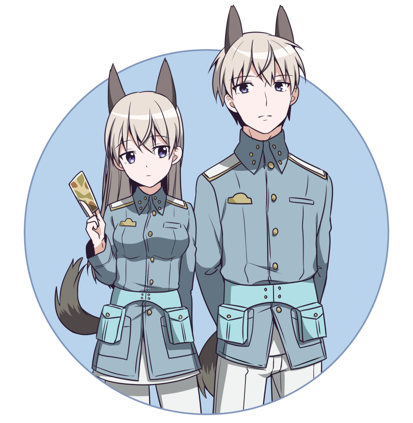 1boy 1girl absurdres animal_ears arms_behind_back bangs between_fingers blue_background blue_eyes blue_jacket breasts card dual_persona eila_ilmatar_juutilainen eyebrows_visible_through_hair fox_boy fox_ears fox_girl fox_tail genderswap genderswap_(ftm) grey_hair hair_between_eyes hand_up highres holding holding_card ichiren_namiro jacket long_hair medium_breasts military_jacket pants pantyhose strike_witches tail two-tone_background very_long_hair white_background white_legwear white_pants world_witches_series