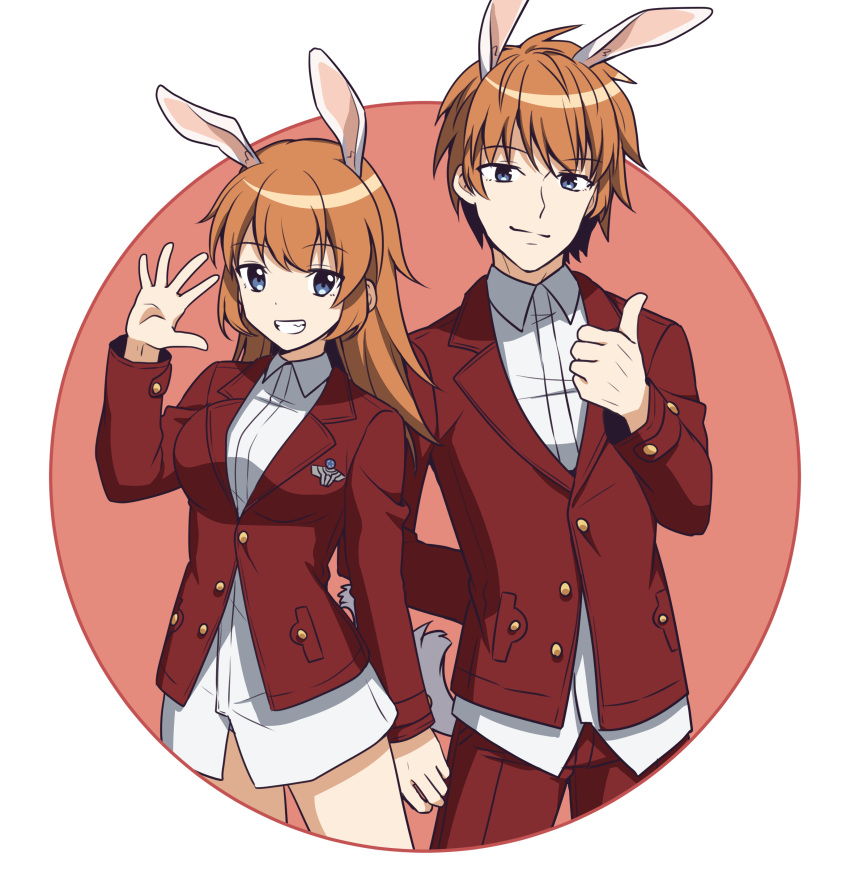 1boy 1girl absurdres animal_ears bangs blue_eyes breasts brown_background brown_hair bunny_ears charlotte_e_yeager closed_mouth collared_shirt dual_persona eyebrows_visible_through_hair genderswap genderswap_(ftm) grin hair_between_eyes hand_up highres ichiren_namiro long_hair long_sleeves looking_at_viewer medium_breasts no_pants pants red_pants red_x shirt smile strike_witches thumbs_up two-tone_background white_background white_shirt world_witches_series