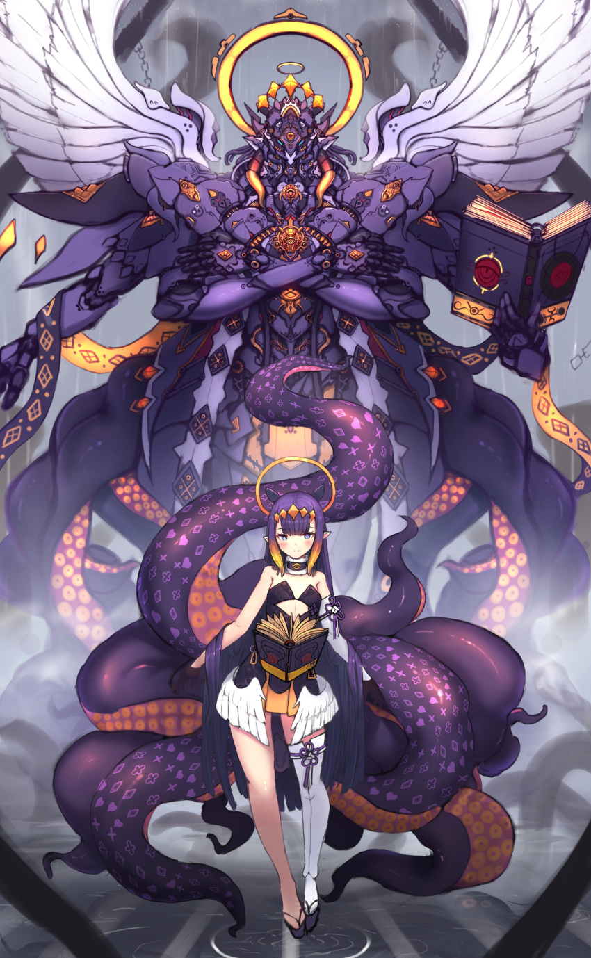 1girl absurdres bangs black_dress black_gloves blunt_bangs book breasts crossed_arms detached_sleeves dress gloves halo highres hololive hololive_english long_hair looking_at_viewer mecha mechanical_halo ninomae_ina'nis pointy_ears purple_hair small_breasts smile solo syaha tentacle_hair tentacles thighhighs virtual_youtuber