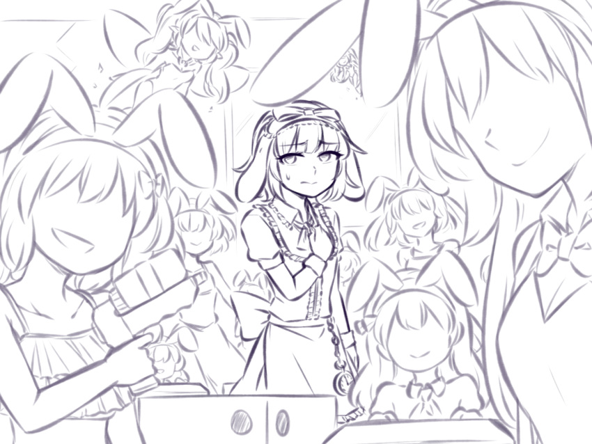 6+girls :d animal_ears bangs blunt_bangs bow bowtie bunny_ears center_frills dice extra eyebrows_visible_through_hair faceless faceless_female fairy fake_animal_ears floppy_ears frilled_shirt_collar frills frown greyscale hairband hand_on_own_chest irisu_(rabi_ribi) long_hair looking_at_viewer minigirl monochrome multiple_girls open_mouth rabi-ribi short_hair short_sleeves sketch smile speckticuls stopwatch sweatdrop watch water_gun wrist_cuffs