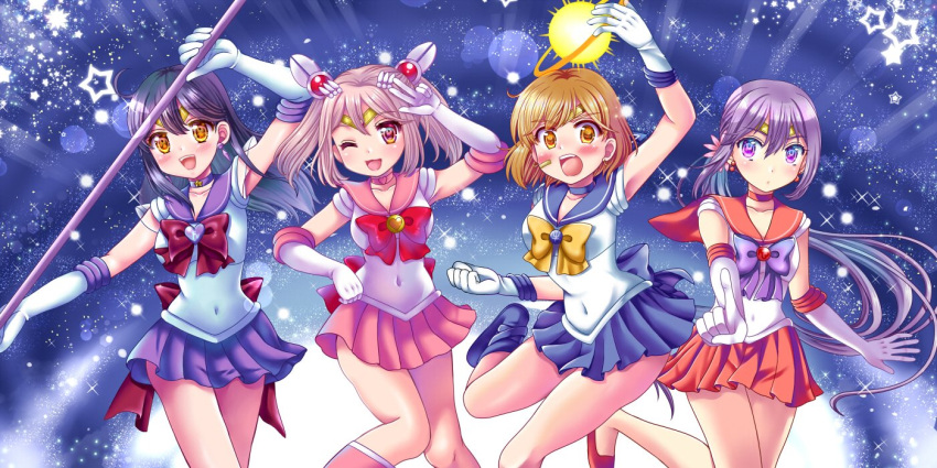 4girls ahoge akebono_(kantai_collection) aura back_bow bandaid bandaid_on_face bishoujo_senshi_sailor_moon black_hair blue_choker boots bow breasts brown_eyes brown_hair choker circlet cosplay earrings elbow_gloves eyebrows_visible_through_hair flower garnet_rod gloves hair_between_eyes hair_flower hair_ornament holding holding_spear holding_weapon inner_senshi jewelry kantai_collection large_breasts long_hair multiple_girls night oboro_(kantai_collection) open_mouth outer_senshi polearm purple_eyes purple_hair purple_sailor_collar red_ribbon red_sailor_collar ribbon sailor_collar sailor_mars sailor_mars_(cosplay) sailor_saturn sailor_saturn_(cosplay) sailor_senshi sailor_senshi_uniform sailor_uranus sailor_uranus_(cosplay) saturn_symbol sazanami_(kantai_collection) sharasohju side_ponytail silence_glaive sky smile solo spear star_(sky) star_(symbol) star_choker starry_sky super_sailor_saturn ushio_(kantai_collection) very_long_hair weapon white_gloves