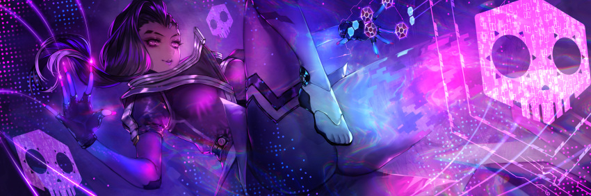 1girl apt chromatic_aberration fingerless_gloves fingernails glitch gloves highres lipstick makeup medium_hair mole mole_under_eye overwatch parted_lips purple_eyes purple_gloves purple_hair purple_legwear purple_lips purple_lipstick purple_nails purple_theme skull solo sombra_(overwatch)