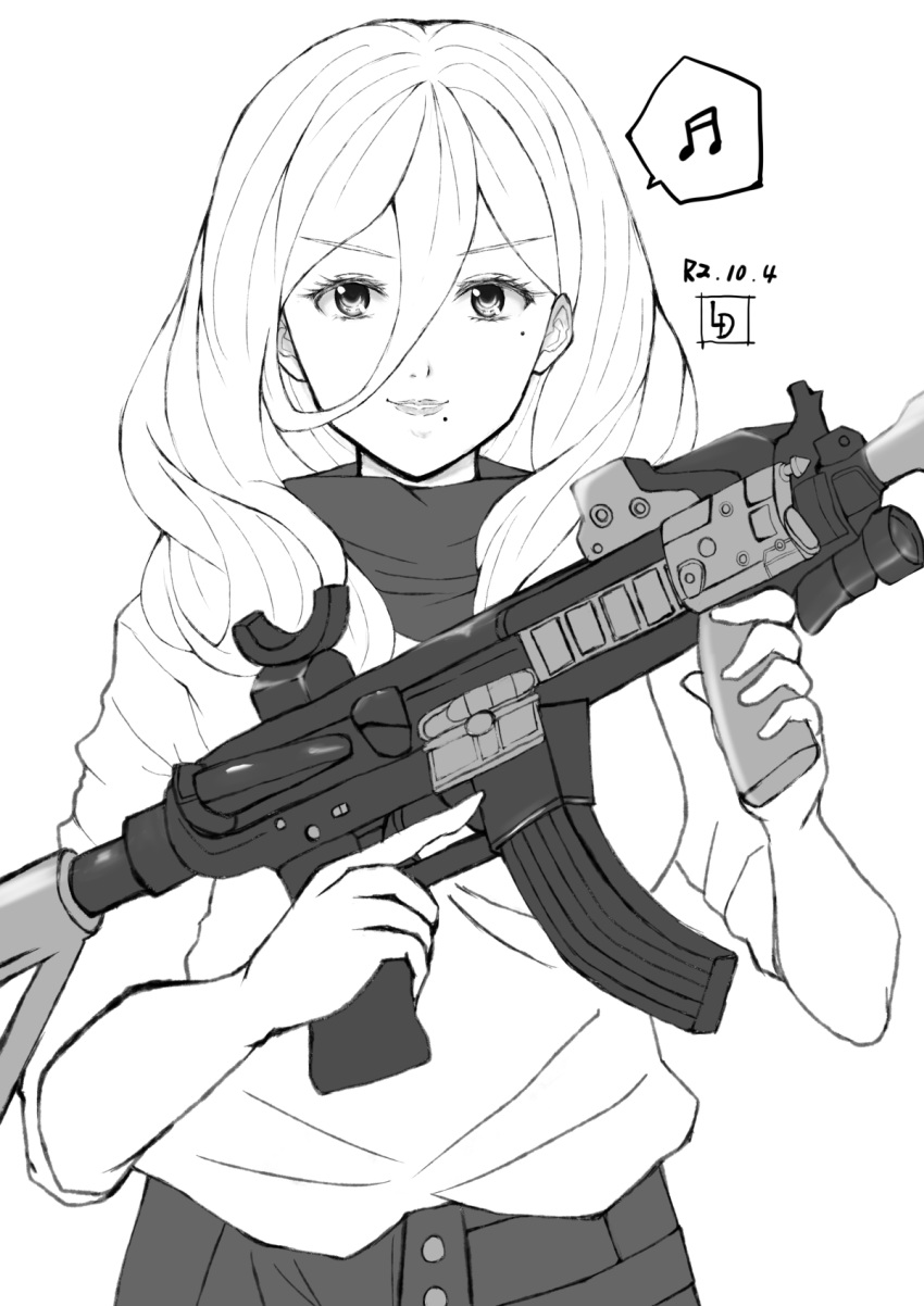 1girl artist_logo commentary_request dated greyscale gun hair_between_eyes high-waist_pants highres kantai_collection ld long_hair looking_at_viewer mole mole_under_eye mole_under_mouth monochrome official_alternate_costume richelieu_(kantai_collection) shirt simple_background smile solo submachine_gun weapon weapon_request white_shirt