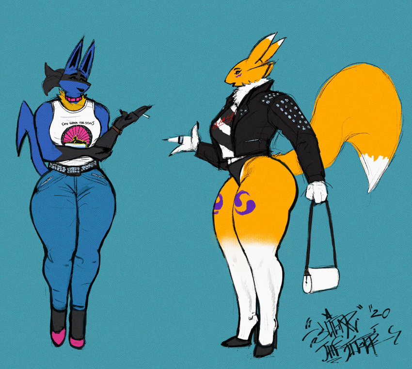 2020 anthro anthrofied black_body black_fur blue_body blue_fur bottomwear breasts cigarette clothed clothing curvy_figure denim denim_clothing digimon digimon_(species) duo female fingers footwear fur high_heels jacket jeans leather leather_jacket lucario multicolored_body multicolored_fur nintendo pants pok&eacute;mon pok&eacute;mon_(species) pok&eacute;morph purse renamon retro ring shoes signature sligarthetiger standing thick_thighs topwear two_tone_body two_tone_fur video_games voluptuous wide_hips yellow_body yellow_fur