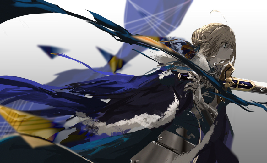 1girl ahoge armor armored_dress artoria_pendragon_(all) blonde_hair braid cape cowboy_shot dress excalibur expressionless fate_(series) fur-trimmed_cape fur_trim gauntlets green_eyes highres holding holding_sword holding_weapon long_sleeves narue pointing_weapon saber short_hair solo sword weapon white_background