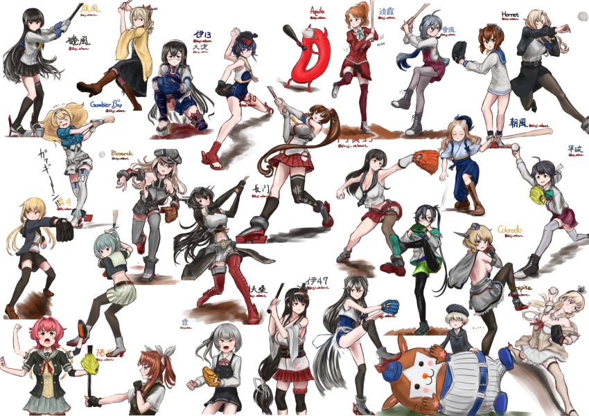 6+girls absurdres abyssal_ship agano_(kantai_collection) amagiri_(kantai_collection) aquila_(kantai_collection) asakaze_(kantai_collection) asymmetrical_legwear baseball baseball_bat baseball_mitt bismarck_(kantai_collection) breasts character_name colorado_(kantai_collection) dress enemy_lifebuoy_(kantai_collection) fusou_(kantai_collection) gambier_bay_(kantai_collection) glasses hair_ribbon hat hatakaze_(kantai_collection) hayanami_(kantai_collection) headgear highres holding hornet_(kantai_collection) i-13_(kantai_collection) i-47_(kantai_collection) isokaze_(kantai_collection) japanese_clothes kagerou_(kantai_collection) kantai_collection kasumi_(kantai_collection) kinu_(kantai_collection) kiyoshimo_(kantai_collection) long_hair low_twintails mascot multiple_girls necktie one-piece_swimsuit ooyodo_(kantai_collection) open_mouth peaked_cap ponytail remodel_(kantai_collection) ribbon sailor_collar sailor_dress satsuki_(kantai_collection) school_uniform serafuku short_hair shorts simple_background spi_(kugepot) swimsuit throwing twintails twitter_username warspite_(kantai_collection) white_background yamato_(kantai_collection) yukikaze_(kantai_collection) yuubari_(kantai_collection) z1_leberecht_maass_(kantai_collection)