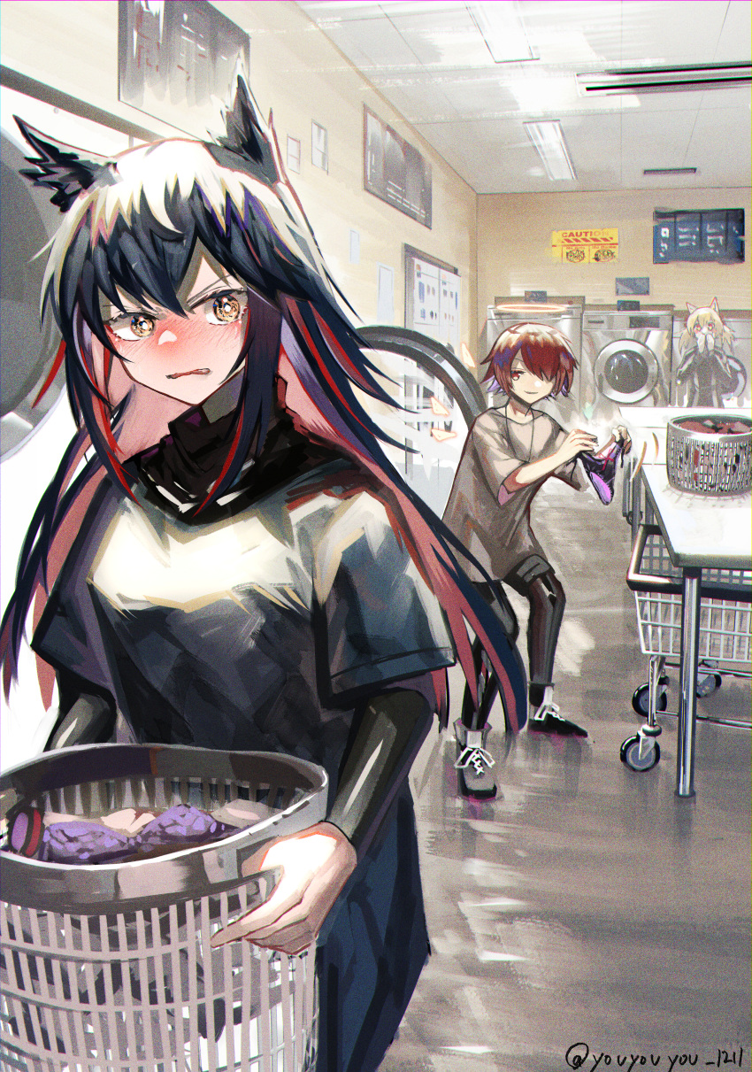3girls absurdres animal_ears arknights black_hair blonde_hair blush embarrassed exusiai_(arknights) film_grain highres holding holding_clothes holding_panties holding_underwear huge_filesize indoors laundromat long_sleeves multicolored_hair multiple_girls panties pantyhose red_eyes red_hair scenery shoes sora_(suguri) texas_(arknights) underwear washing_machine yellow_eyes youyouyou_1211 yuri