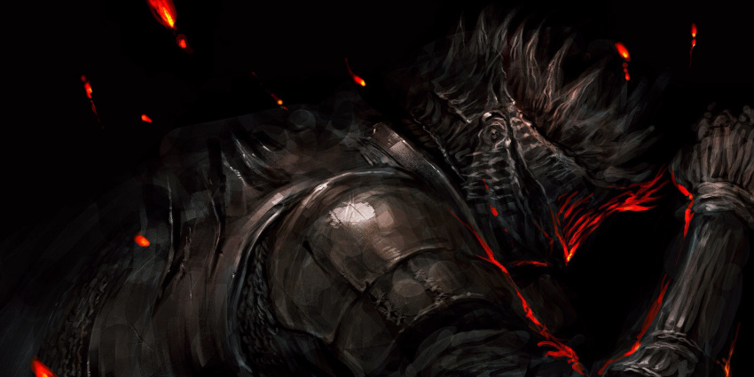 1other ambiguous_gender armor close-up dark_background dark_souls_iii embers from_side gauntlets helm helmet highres horned_helmet ibuo_(ibukht1015) shoulder_armor simple_background soul_of_cinder souls_(from_software)