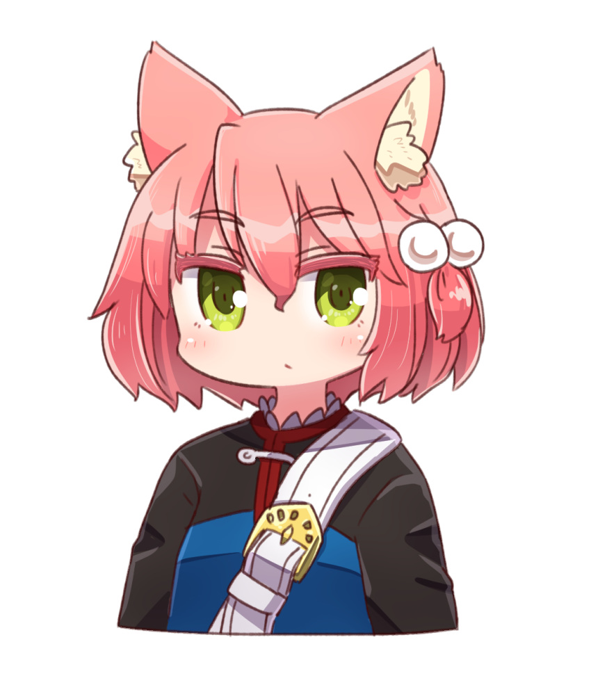 1girl 7th_dragon 7th_dragon_(series) animal_ear_fluff animal_ears bangs belt belt_buckle blue_jacket blush buckle cat_ears closed_mouth commentary_request cropped_torso eyebrows_visible_through_hair green_eyes hair_between_eyes hair_bobbles hair_ornament harukara_(7th_dragon) highres jacket looking_at_viewer naga_u one_side_up pink_hair simple_background solo upper_body white_background white_belt