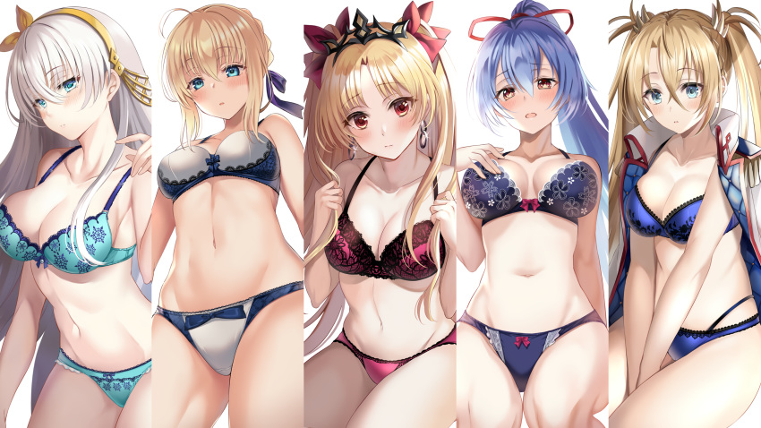 anastasia_(fate/grand_order) aqua_eyes artoria_pendragon_(all) blonde_hair bra bradamante ereshkigal_(fate/grand_order) fate/grand_order fate_(series) gray_hair harimoji long_hair navel panties ponytail red_eyes saber short_hair tiara tomoe_gozen twintails underwear