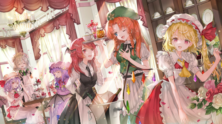 6+girls alternate_costume apron arm_behind_back ascot bangs bat_wings beret black_neckwear black_ribbon black_skirt black_vest blonde_hair blue_bow blue_dress blue_eyes blue_ribbon bow braid brooch chandelier closed_eyes commentary_request cowboy_shot crescent crescent_hair_ornament crystal dress eating enmaided flandre_scarlet flipped_hair food_request frilled_apron frilled_shirt_collar frills green_bow green_neckwear green_ribbon green_skirt green_vest hair_bow hair_intakes hair_ornament hair_ribbon hand_on_own_chest hand_up hat head_wings highres holding holding_tray hong_meiling indoors izayoi_sakuya jewelry koakuma light_purple_hair long_hair long_sleeves looking_at_another looking_at_viewer low_wings maid maid_apron maid_headdress medium_hair mob_cap multiple_girls necktie one_eye_closed one_side_up open_mouth orange_hair patchouli_knowledge piyo_(sqn2idm751) puffy_short_sleeves puffy_sleeves purple_hair red_bow red_dress red_eyes red_hair red_ribbon remilia_scarlet ribbon shirt short_hair short_sleeves sidelocks silver_hair sitting sketch skirt skirt_set standing star_(symbol) sunlight touhou tray twin_braids unfinished vest waist_apron white_shirt window wing_collar wings yellow_neckwear yellow_ribbon