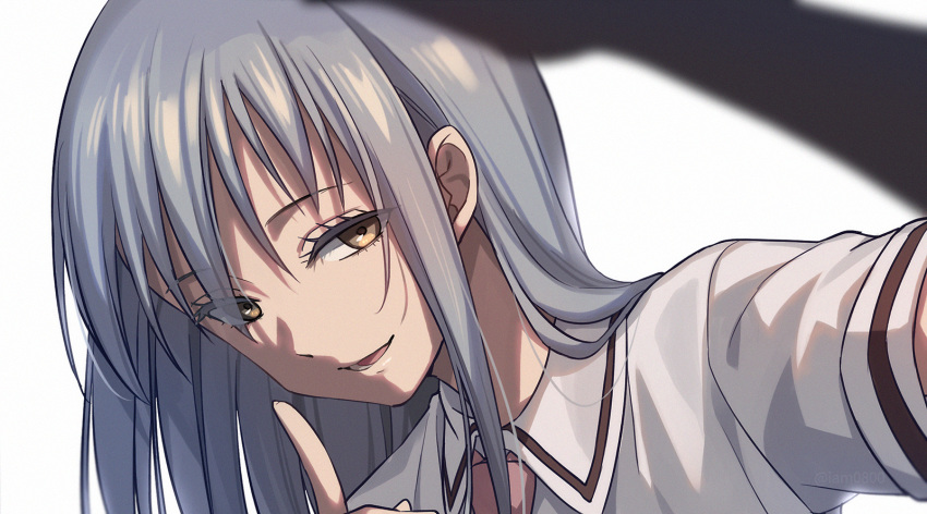 1other androgynous aozora_tsugumi asobi_asobase bangs brown_eyes brown_neckwear collared_shirt commentary_request hair_between_eyes highres index_finger_raised long_hair looking_at_viewer necktie other_focus sayshownen shirt silver_hair simple_background smile solo twitter_username upper_body watermark white_background white_shirt