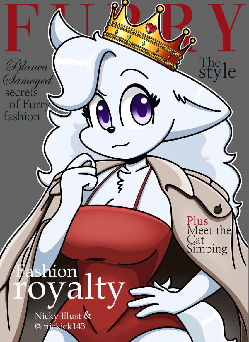 anthro blanca_(nicky_illust) canid canine canis clothing cover cover_page crown domestic_dog dress english_text fashion female fluffy fur hair hi_res magazine mammal nicky_illust nordic_sled_dog pose purple_eyes red_clothing red_dress samoyed solo spitz text vogue_(magazine) white_body white_fur white_hair