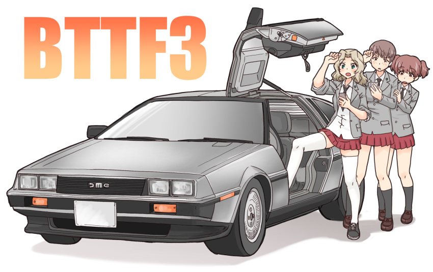 3girls alisa_(girls_und_panzer) back_to_the_future bangs black_neckwear blazer blonde_hair blouse blue_eyes blue_footwear car collared_blouse commentary copyright_name cross-laced_footwear delorean foot_up frown girls_und_panzer grey_jacket ground_vehicle hair_intakes highres jacket kay_(girls_und_panzer) long_hair long_sleeves looking_at_viewer looking_at_watch miniskirt motor_vehicle multiple_girls naomi_(girls_und_panzer) necktie open_clothes open_jacket open_mouth parody pleated_skirt red_skirt saunders_school_uniform school_uniform shoes simple_background skirt sleeves_rolled_up sneakers standing thighhighs uona_telepin vehicle_focus watch white_background white_blouse white_legwear wristwatch