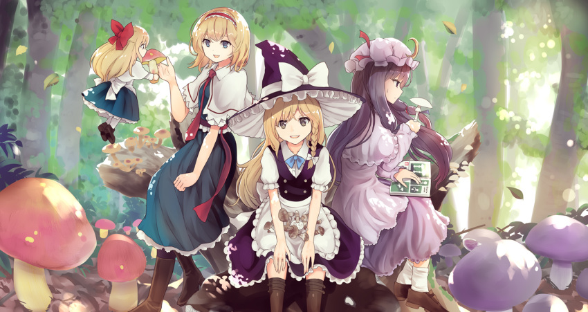 3girls alice_margatroid apron black_eyes blonde_hair blue_eyes book braid capelet commentary crescent culter forest hairband happy hat holding kirisame_marisa leaf leaning_forward loafers long_hair mob_cap multiple_girls mushroom nature open_mouth outdoors patchouli_knowledge puffy_short_sleeves puffy_sleeves purple_hair shanghai_doll shoes short_hair short_sleeves side_braid sitting smile sweatdrop touhou tree tree_stump waist_apron witch_hat