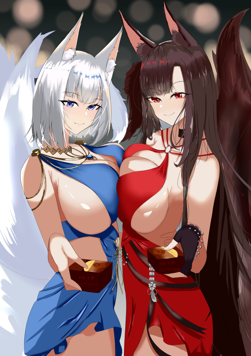 2girls absurdres akagi_(azur_lane) akagi_(blushing_intoxication)_(azur_lane) animal_ear_fluff animal_ears artist_request azur_lane bare_shoulders black_gloves blue_dress blue_eyes breast_press breasts brown_hair brown_tail cleavage dress evening_gown eyebrows_visible_through_hair eyeliner fox_girl gloves halter_dress highres jewelry kaga_(azur_lane) kaga_(white-tailed_magnificence)_(azur_lane) kyuubi large_breasts large_tail long_hair looking_at_viewer makeup multiple_girls multiple_tails necklace o-ring_dress partly_fingerless_gloves red_dress red_eyes short_hair side_cutout sleeveless sleeveless_dress symmetrical_docking tail white_hair white_tail