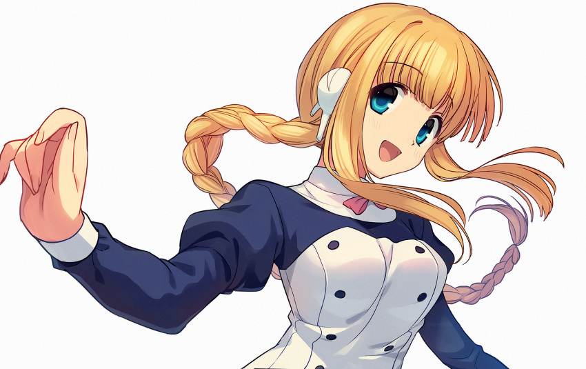 1girl :d bangs blonde_hair blouse blunt_bangs bow bowtie braid breasts buttons commentary_request eyebrows_visible_through_hair green_eyes happy highres juliet_sleeves long_hair long_sleeves looking_at_viewer open_mouth pink_bow puffy_sleeves robot_ears sayshownen silfa simple_background single_braid smile solo to_heart_2 to_heart_2_ad upper_body white_background