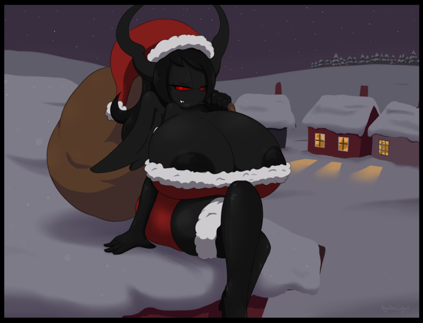 angelthecatgirl areola areola_slip big_breasts black_body black_border black_hair black_horn border breasts christmas clothing demon eve eve_(angelthecatgirl) eve_(tboi) female hair hat headgear headwear holidays horn huge_breasts hyper hyper_breasts red_eyes santa_hat santa_suit solo teeth vampire wings