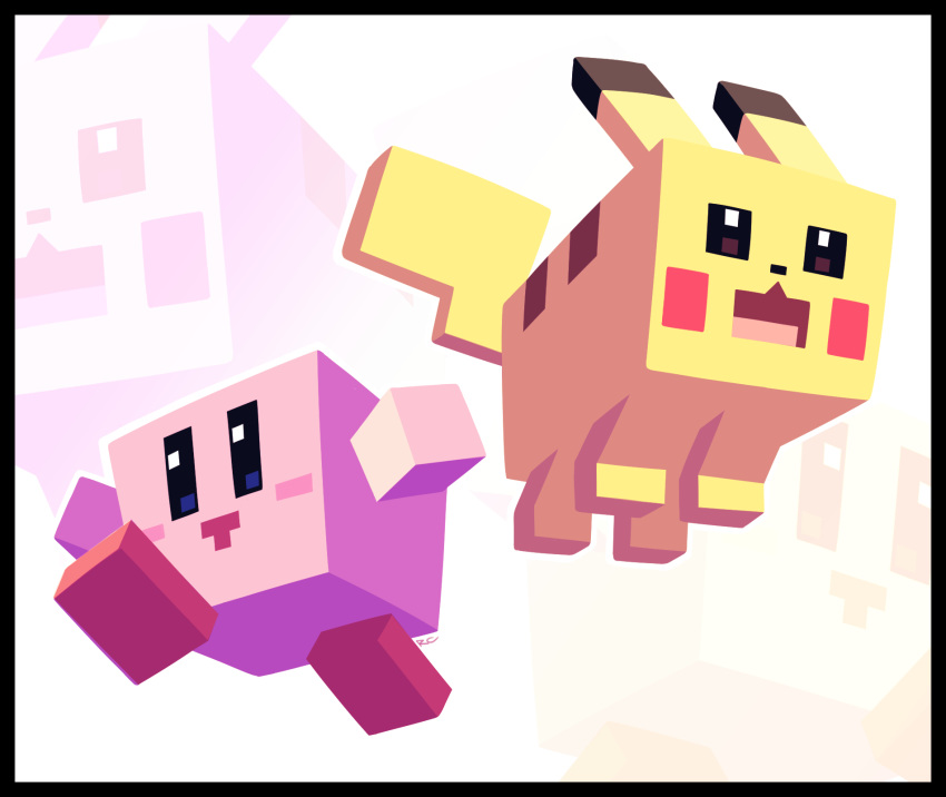 :d artsy-rc black_border border commentary crossover english_commentary highres kirby kirby_(series) minecraft no_humans open_mouth pokemon signature smile