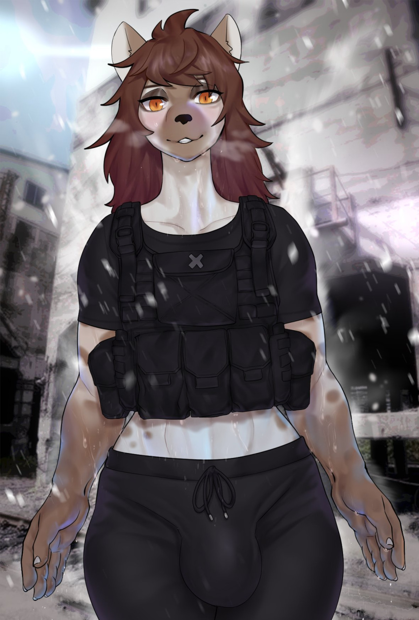 anthro brown_hair bulge clothed clothing hair hi_res hyaenid jean_leblanc_(kamikunt) looking_at_viewer male mammal midriff military_uniform orange_eyes rtr snow solo spotted_hyena uniform