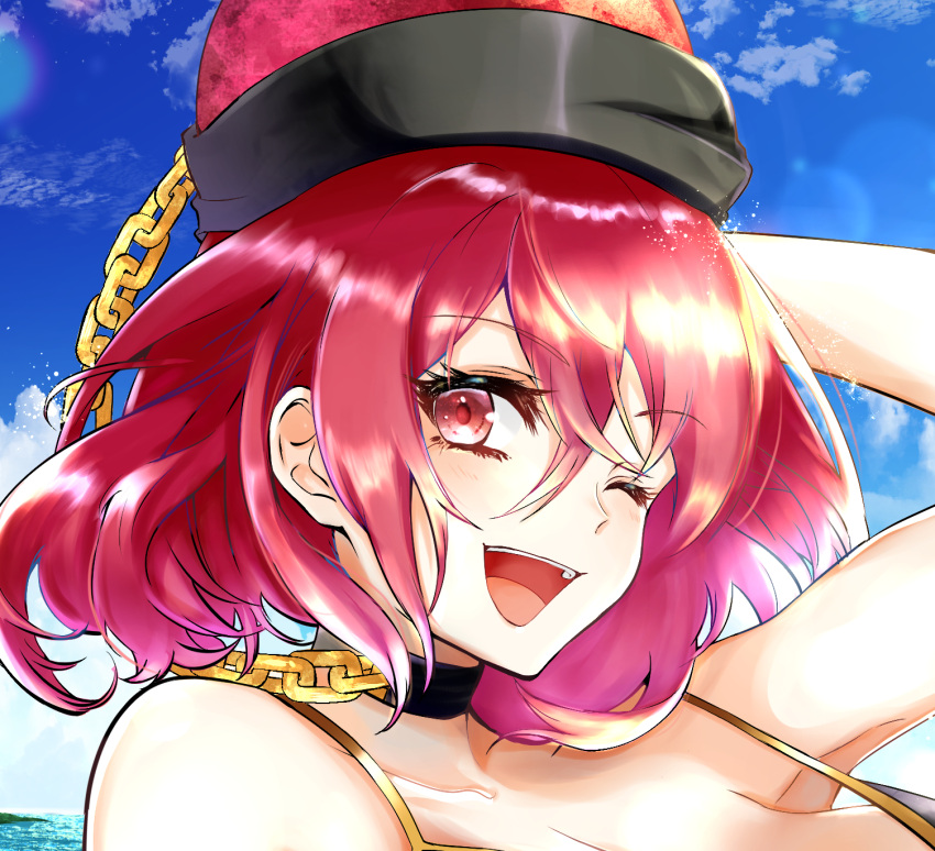 1girl ;d arm_up bangs bare_shoulders bikini black_choker blue_sky blush breasts chain choker collarbone commentary_request eyebrows_visible_through_hair eyelashes gold_chain hair_between_eyes hecatia_lapislazuli highres kurokan_(kokkyou_oudan) large_breasts looking_at_viewer medium_hair ocean one_eye_closed open_mouth outdoors polos_crown red_eyes red_hair shiny shiny_hair sidelocks sky smile solo swimsuit teeth touhou upper_body upper_teeth water