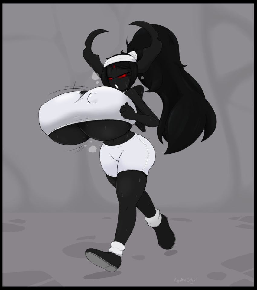 angelthecatgirl big_breasts black_body black_border black_hair black_horn bodily_fluids border breasts demon eve_(angelthecatgirl) eve_(tboi) exercise female hair hi_res horn huge_breasts hyper hyper_breasts jogging nipple_outline open_mouth red_eyes solo steam sweat the_binding_of_isaac_(series) vampire video_games wings