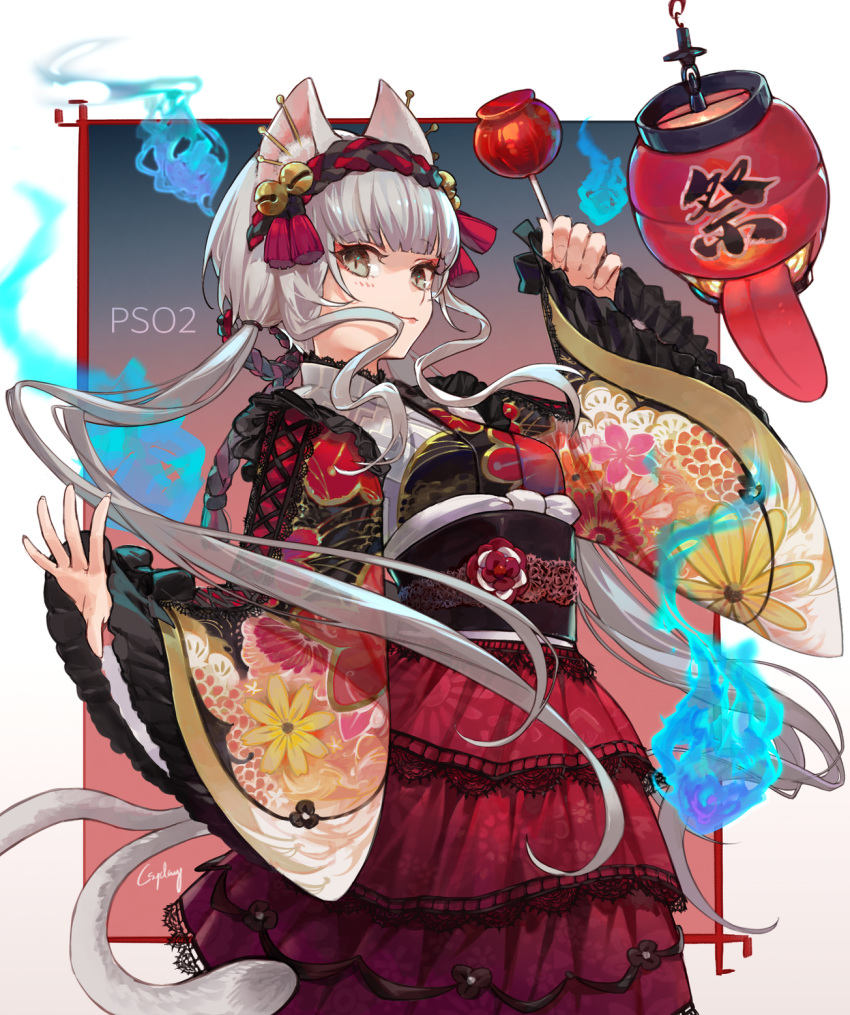 1girl :3 animal_ear_fluff animal_ears bangs bell blue_fire blunt_bangs candy_apple cat_ears cat_girl character_request chouchin_obake closed_mouth copyright_name cowboy_shot csyday dress english_commentary fingernails fire floating_hair floral_print food frilled_kimono frilled_sleeves frills grey_eyes grey_hair hair_bell hair_ornament hair_stick hairband hand_up highres hitodama holding holding_food japanese_clothes jingle_bell kimono lace-trimmed_dress lace_trim lantern layered_dress long_fingernails long_hair long_sleeves looking_at_viewer low_twintails mixed-language_commentary multiple_tails nekomata obi outside_border outstretched_hand paper_lantern phantasy_star phantasy_star_online_2 rope sash sidelocks smile tail tongue tongue_out twintails two_tails very_long_hair wide_sleeves youkai